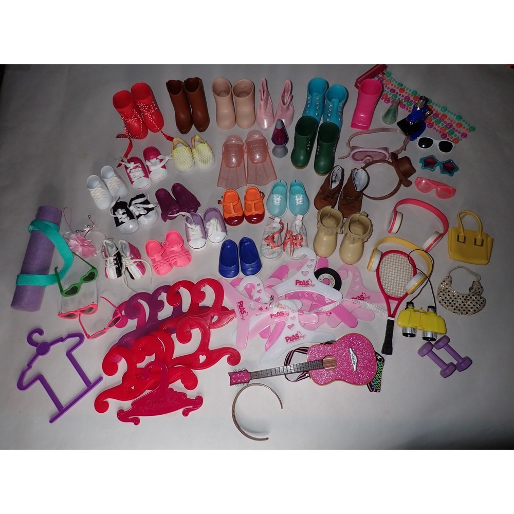 Our Generation 18" Doll Shoe & Accessory LOT Boots, sneakers, guitar, hangers